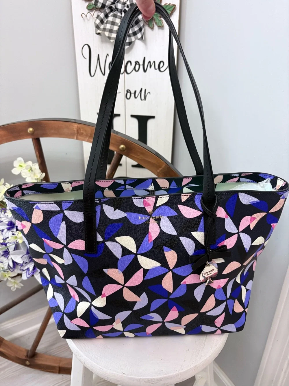 kate spade ♠️ Black & Multi Color Petal-Print Tote NWOT
